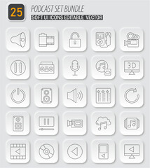 Podcast and multimedia application icons set with editable vector design options for digital projects and ui design