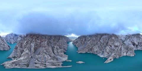 360 panorama of high mountain lake Kel Suu in cloudy weather