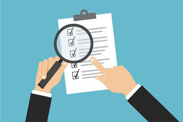 Person holding a magnifying glass over a checklist, with a blue background.