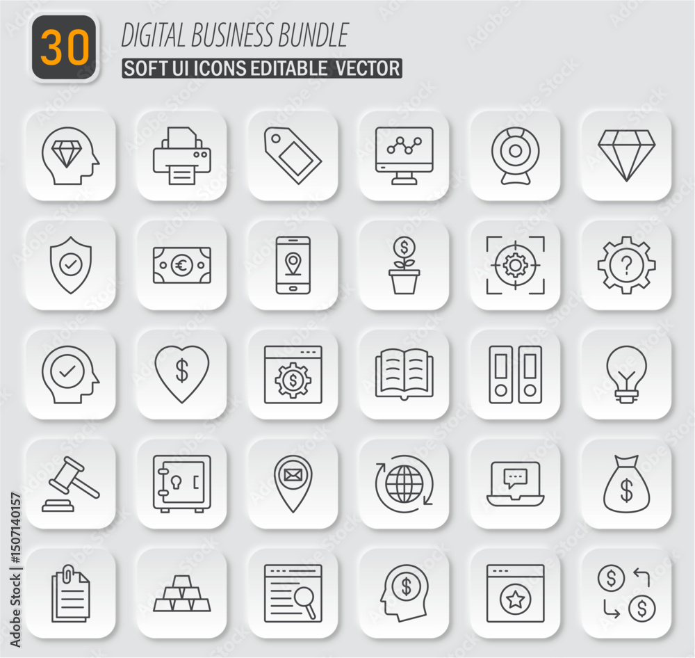 Poster collection of 30 soft ui style business and digital line icons for web design and development projec