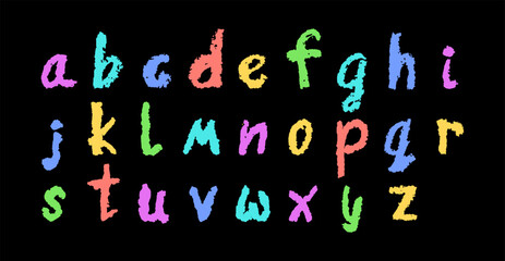 Colorful English alphabet hand-drawn in a crayon. Lowercase color letters in chalk, pastel, or wax style. Highlighter effect on black board for kindergarten drawing and learning. Vector illustration