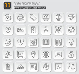 Collection of 30 soft ui style business and digital line icons for web design and development projects