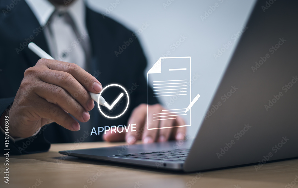 Poster businessman working with computer using pen to check boxes fill out online survey or checklist and a