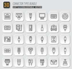 Comprehensive Collection of 30 Connector Type Icons for Various Devices and Applications