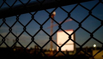 Fototapeta premium Urban Construction Scene Behind Chain Link Fence at Dusk