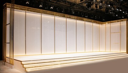Elegant Fashion Show Stage: White Screen Framed by Golden Metallic Structure and Spotlights. Luxurious Abstract Commercial Background for Product Launches, Design Exhibitions, and High-End Presentatio