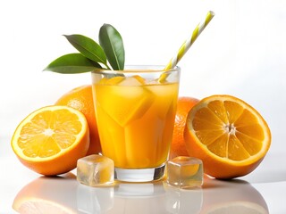 Refreshing glass of orange juice with ice cubes, fresh orange halves, green leaves, and striped straw on clean white background