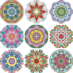 Set of colorful cute Mandalas. Decorative unusual round ornaments.