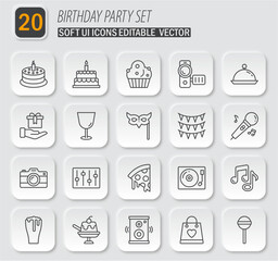 Elegant and Editable Vector Icon Set for Birthday Party Celebrations and Events, featuring Soft UI elements