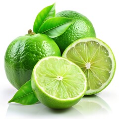 Fresh whole and sliced green lime with leaves isolated on white background, high-resolution citrus fruit close-up