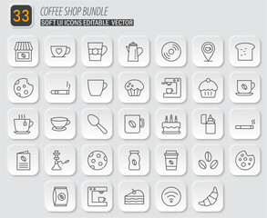 Soft UI Editable Vector Icons: Coffee Shop Bundle with 33 Unique Designs