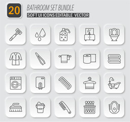 Vector illustration of 20 soft UI line icons representing bathroom essentials and equipment for personal care and cleaning