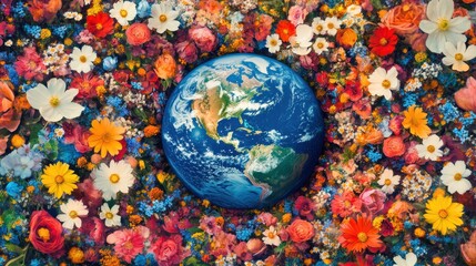 planet earth between spring flowers