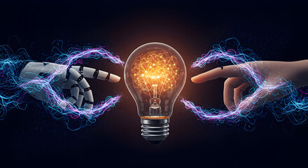 Artificial Intelligence and Human Brain Interacting with Light Bulb Symbolizing Ideas