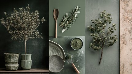 moodboard of interior design, styles in green and beige