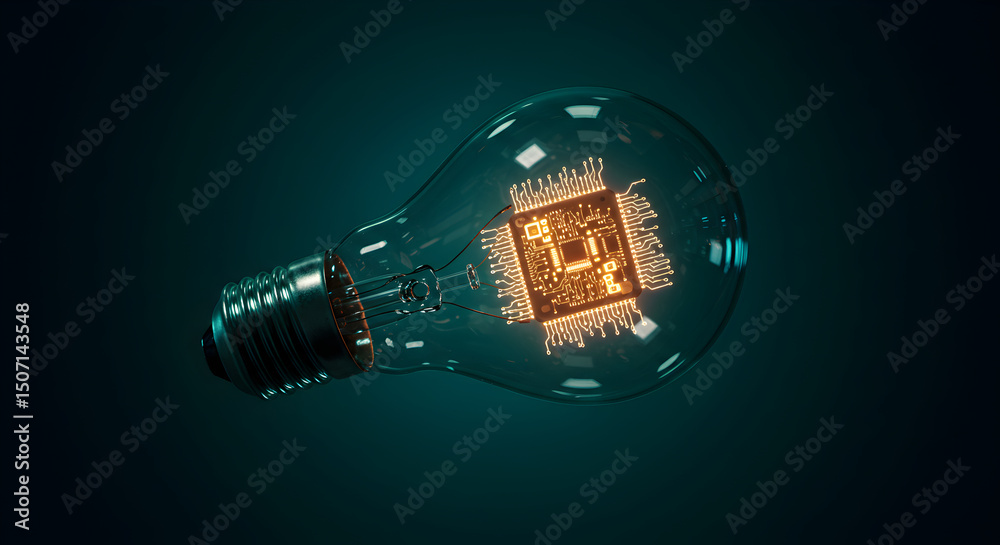 Poster conceptual rendering of a lightbulb containing an integrated circuit, futuristic design