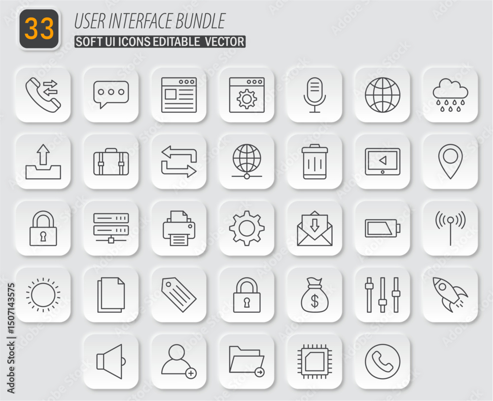 Poster Soft UI User Interface Icon Bundle Vector: Mobile App and Website Design