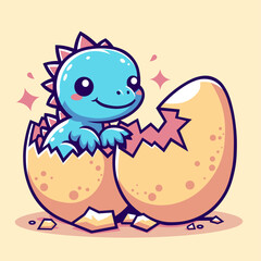 baby dragon hatching from a cracked egg in flat color block editable vector illustration suitable for cartoon and t-shirt print