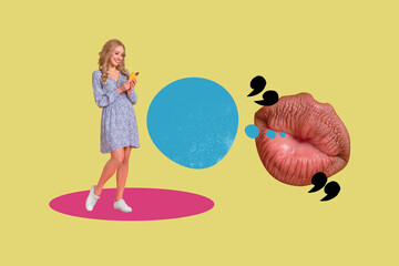 Trend art collage of person stand use phone near human lips speaking bubble on yellow color background