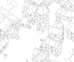 A drawing of a village. The houses are small and clustered together, with some of them having roofs. Scene is peaceful and quiet