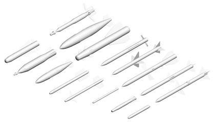 A collection of missiles and rockets are shown in various sizes and shapes. Concept of military power and technological advancement. Isometric view. 3D