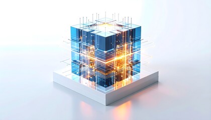 A modular quantum processor sculpture with geometric blocks interlinked by light beams, sleek design, photorealistic render, isolated on white