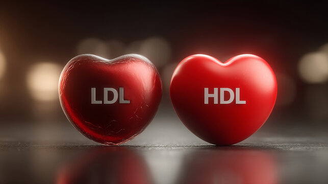 Difference between LDL and HDL cholesterol. Two red heart-shaped objects labeled LDL and HDL shown side by side, glossy style, on a blurred dark background, symbolizing cholesterol health.