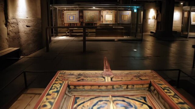 Intricate painted wooden artifact with geometric patterns displayed in a museum setting with other exhibits and dim lighting.