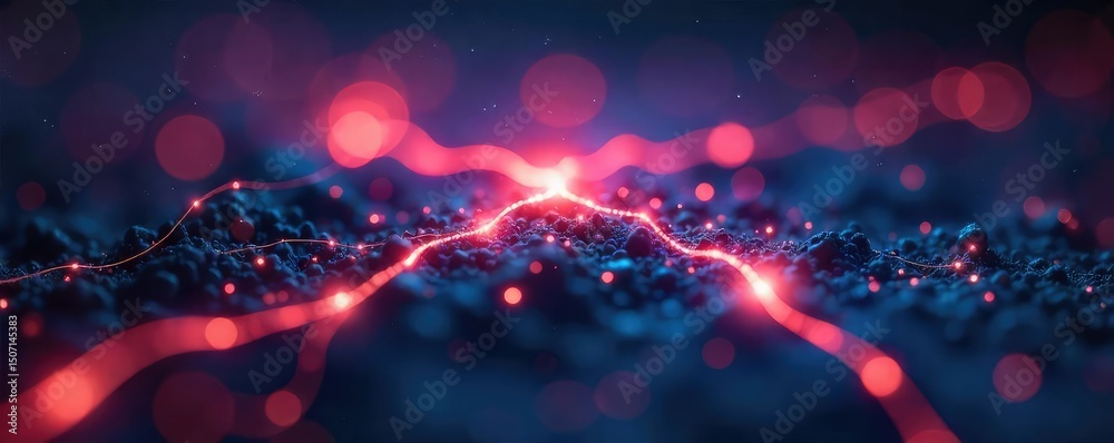 Wall mural abstract image of glowing energy streams connecting disparate points, representing a network or comm