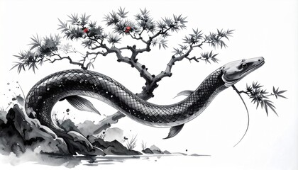 墨絵で描かれた水の中をくねるウナギの柔らかな動き