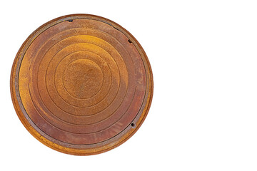 Unpainted rusty cast-iron manhole, designed for installation on manholes of underground utilities, isolated on a transparent white background. Blank for artwork with copy space