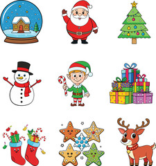 Fototapeta premium set of christmas elements icon Cute Holiday Cartoon Vector Elements Xmas Icons Winter Decor bundle new 2025 trendy unique