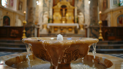 Baptismal Font with Holy Water in a Church - Sacred Christian Baptism Ceremony Symbol