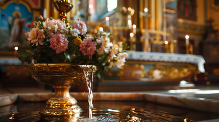 Baptismal Font with Holy Water in a Church - Sacred Christian Baptism Ceremony Symbol