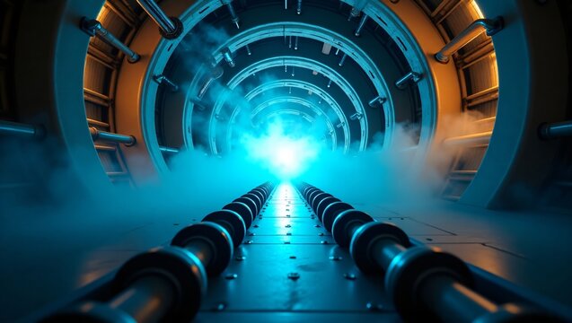 A futuristic particle accelerator tunnel pulses with brilliant blue energy, promising scientific breakthroughs. This powerful image symbolizes humanity's relentless pursuit of knowledge, pushing physi