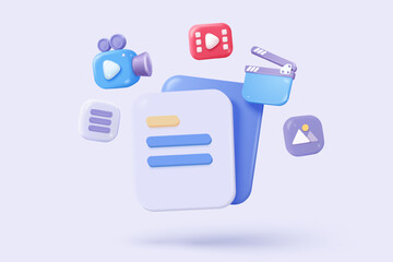 3D media data with video and photo management. Searching image and video files in gallery library. Document management soft database, document form. 3d multimedia file icon vector render illustration