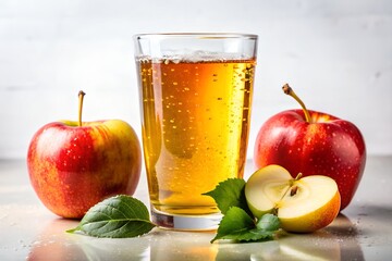 Glass of fresh apple juice with bubbles, surrounded by red apples, green leaves, and sliced apple on white background