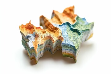 A paper map is cut into pieces and placed on a white background.  , isolated on white background.