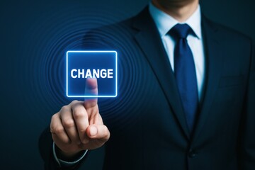 Fototapeta premium A businessman initiates strategic change by pressing a digital interface symbolizing leadership and decision-making in business growth