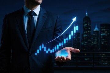 A businessman demonstrates strategy and decision-making through innovative business growth holding a digital rising candlestick graph against a finance district skyline at night