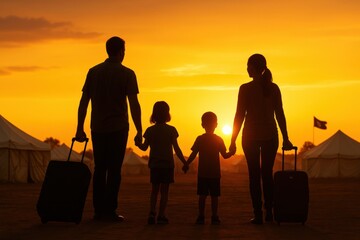 Silhouetted refugee family with suitcases walking toward tents at sunset