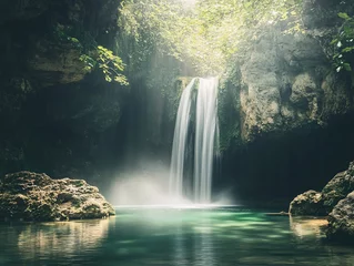 Fototapete Mystical waterfall in a hidden tropical paradise nature photograph serene environment aerial view natural wonder © Nontawat