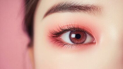 Close-up of a beautiful woman's eye with pink blush, isolated on a pastel background. Korean makeup style. Beauty concept. Close-up shot.