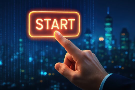 A business presses a glowing start button symbolizing decision strategy and innovation against a digital data stream and cityscape highlighting growth and leadership in technology - Powered by Adobe