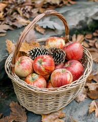 Woven basket with apples, pine cones and leaves