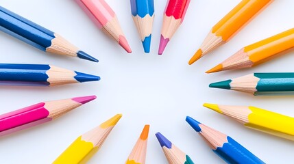 Vibrant Colored Pencils Arranged on White Background for Editorial Photography