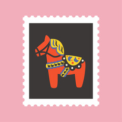 2026年　ダーラナホースの切手フレームベクターイラスト（背景あり）