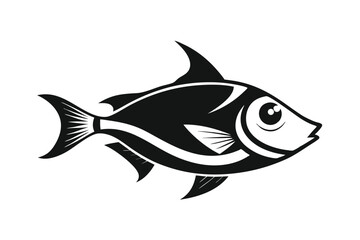 Black and White Fish Illustration with Fins and Tail Isolated on White Background
