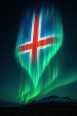 Icelandic flag shaped from colorful northern lights glowing in the night sky above mountains