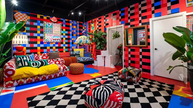 Colorful and vibrant interior design showcasing eclectic furniture and bold patterns in a lively space